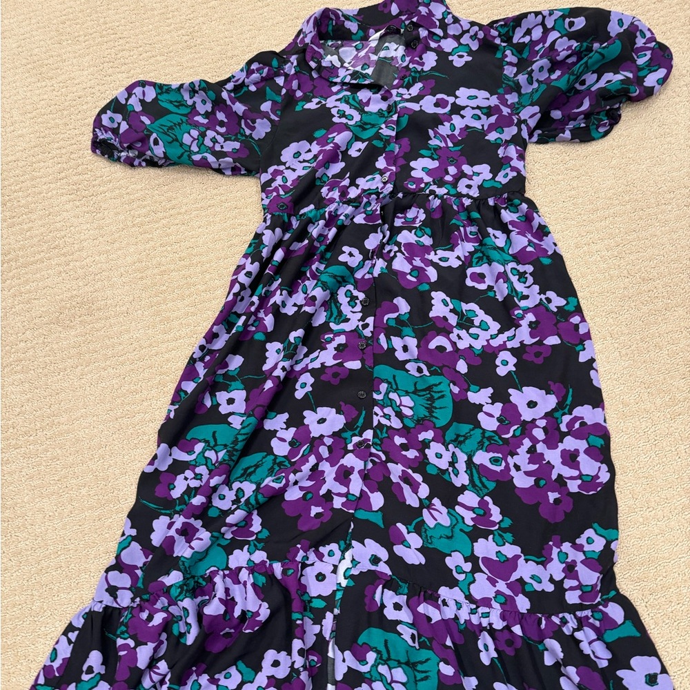 & other stories, black and purple floral puff sleeves midi dress, size 4